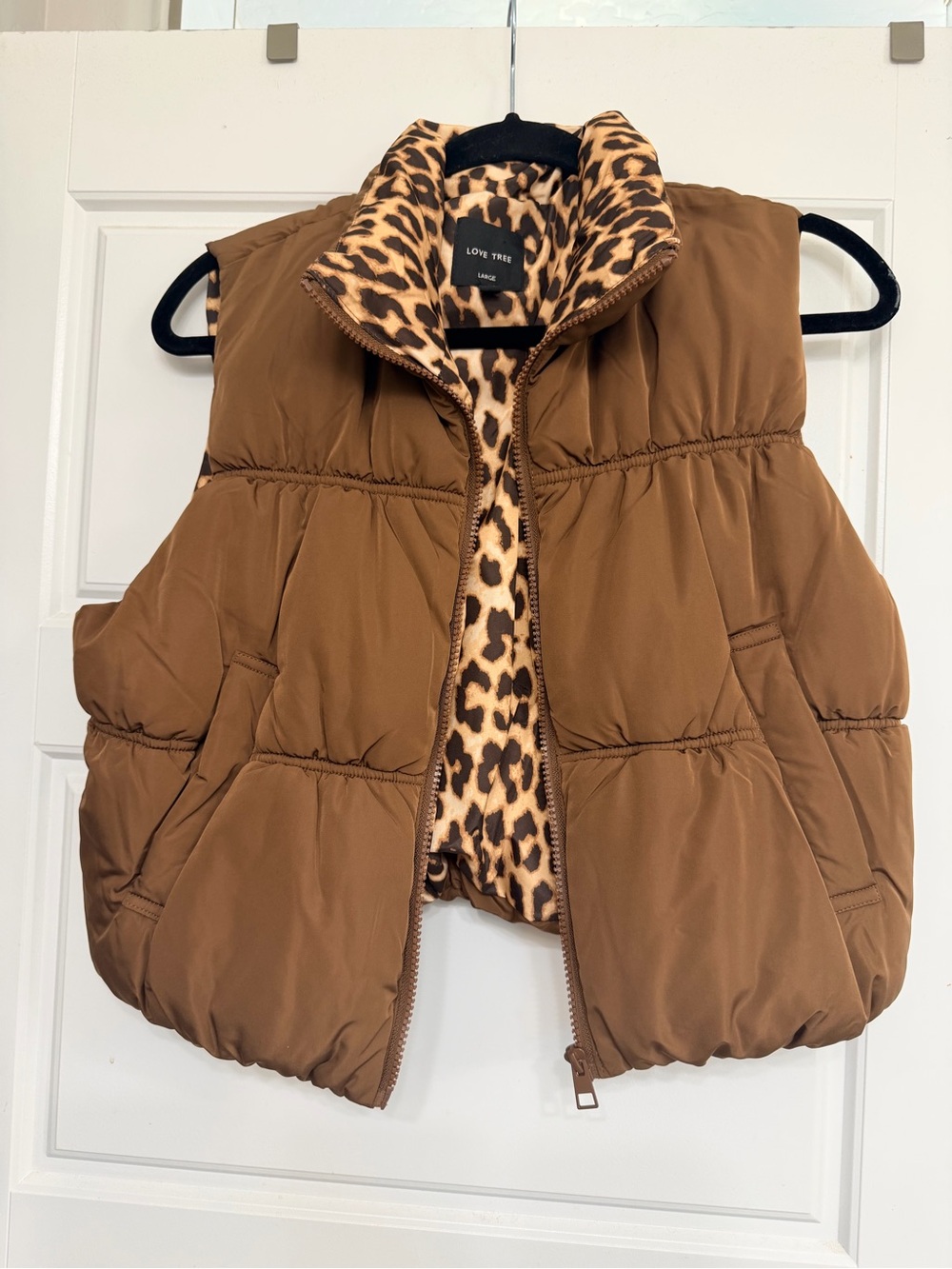 Love Tree Brown Puffer Vest with Leopard-Print Interior
